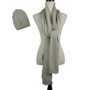 Chico's Scarf and Hat Set Gray Knit Gold an Silver Metallic Threads NEW $88